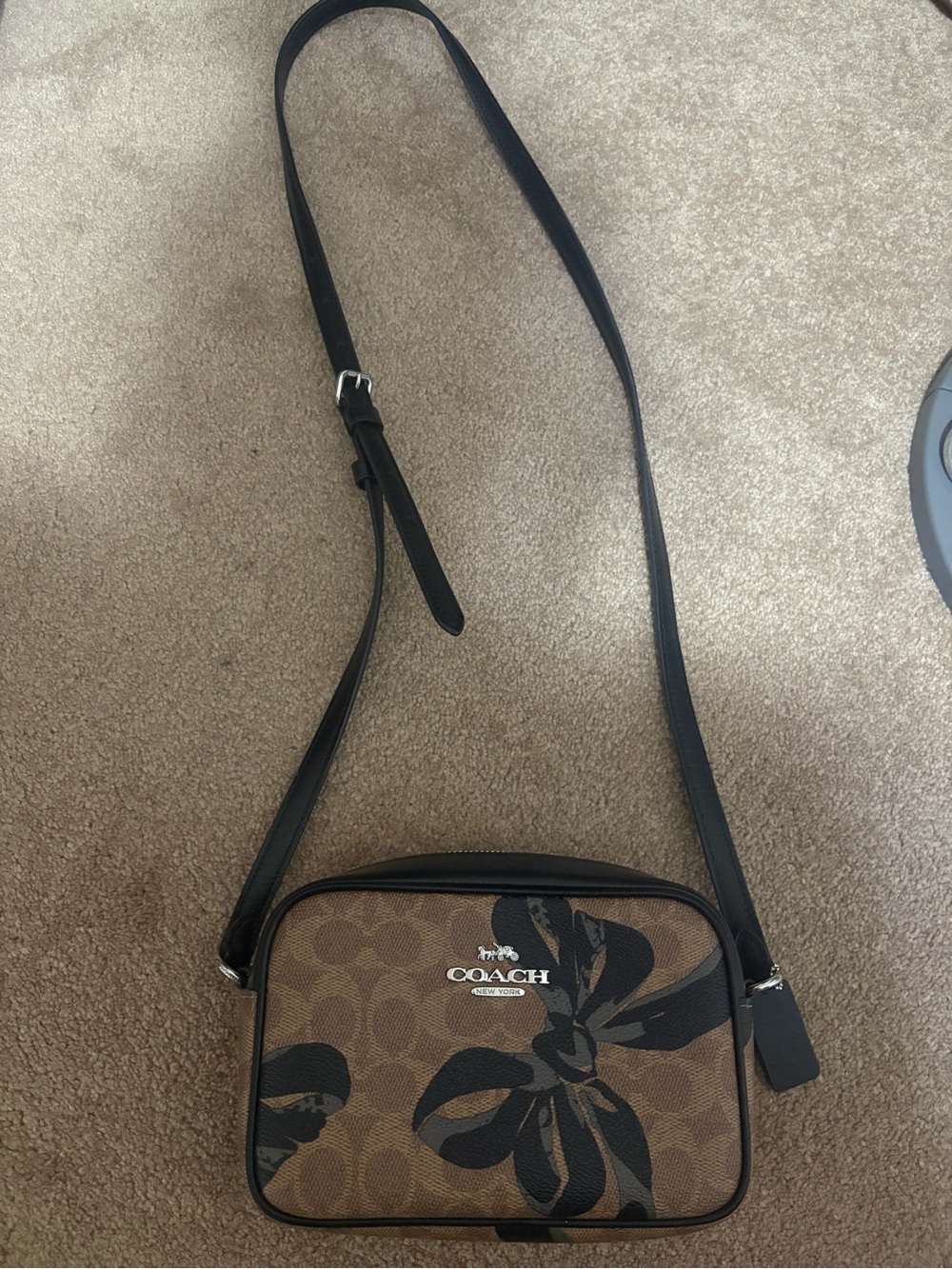 COACH Brown Signature Floral Canvas Crossbody Bag with Black Trim